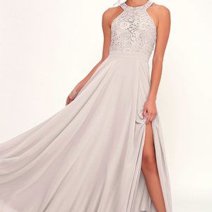 Lulu's elegant light grey, maxi, lace halter dress